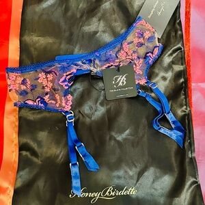 Honey Birdette Blue and Pink Floral Lace Garter Belt